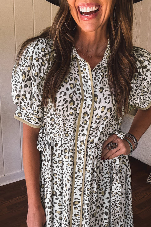 Leopard Print Button Front Short Puff Sleeve Midi Dress