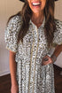 Leopard Print Button Front Short Puff Sleeve Midi Dress