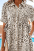 Leopard Print Button Front Short Puff Sleeve Midi Dress