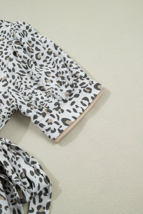 Leopard Print Button Front Short Puff Sleeve Midi Dress