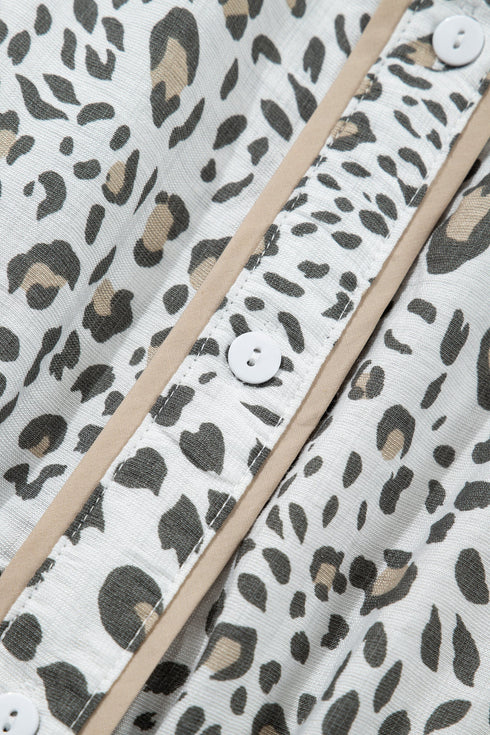 Leopard Print Button Front Short Puff Sleeve Midi Dress