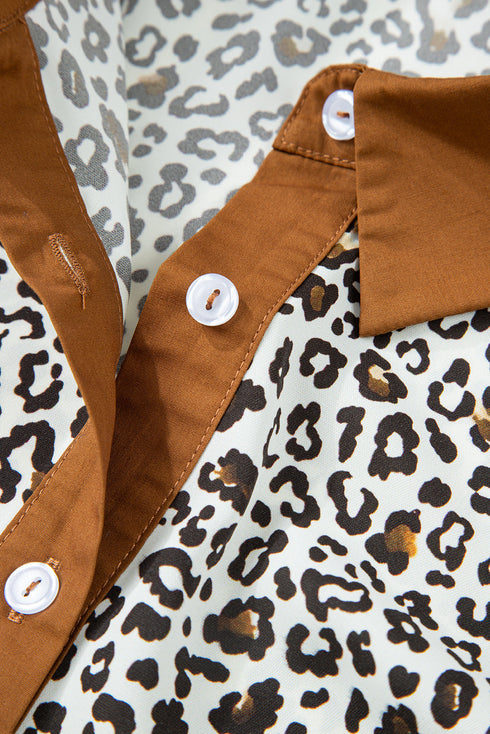 Leopard Print Button V Neck Puff Sleeve A Line Dress