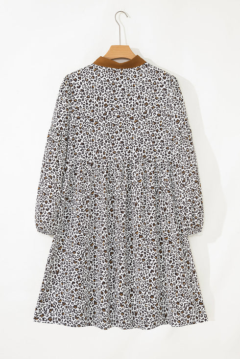 Leopard Print Button V Neck Puff Sleeve A Line Dress