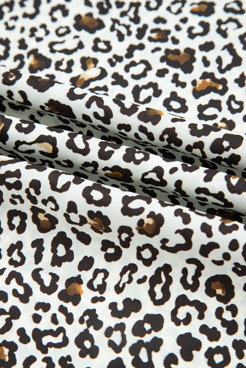 Leopard Print Button V Neck Puff Sleeve A Line Dress