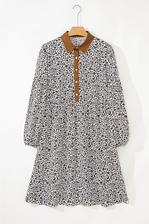 Leopard Print Button V Neck Puff Sleeve A Line Dress