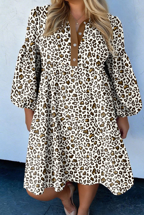 Leopard Print Button V Neck Puff Sleeve A Line Dress
