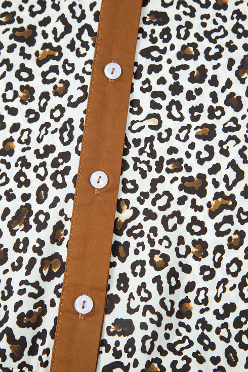 Leopard Print Button V Neck Puff Sleeve A Line Dress