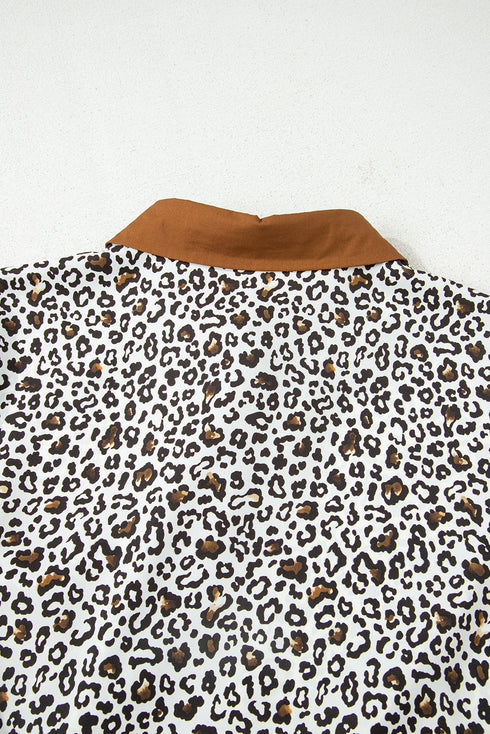 Leopard Print Button V Neck Puff Sleeve A Line Dress