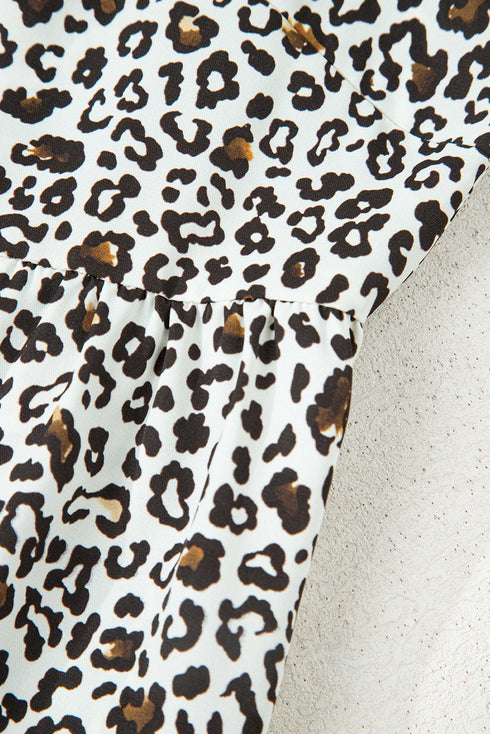 Leopard Print Button V Neck Puff Sleeve A Line Dress