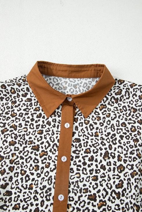 Leopard Print Button V Neck Puff Sleeve A Line Dress