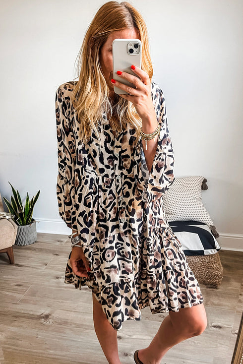 Leopard Print Buttoned Front 3/4 Sleeve Tiered Ruffled Hem Dress