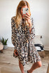 Leopard Print Buttoned Front 3/4 Sleeve Tiered Ruffled Hem Dress