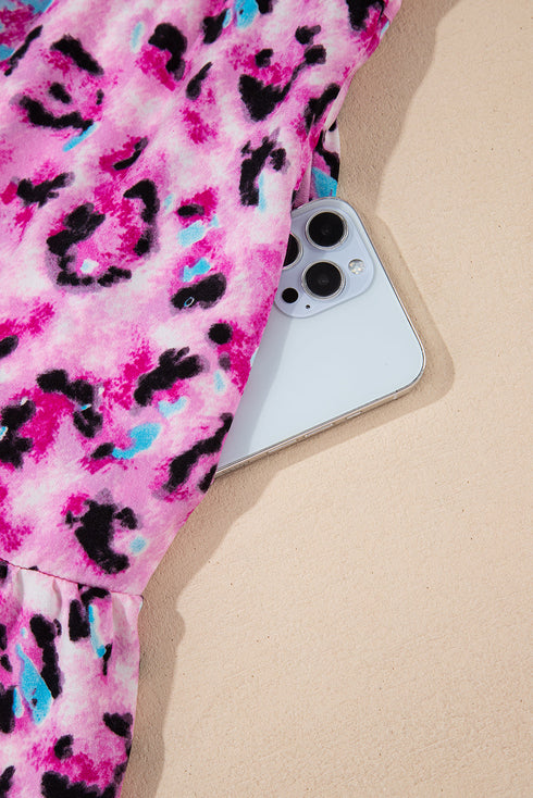 Leopard Print Buttoned Front 3/4 Sleeve Tiered Ruffled Hem Dress