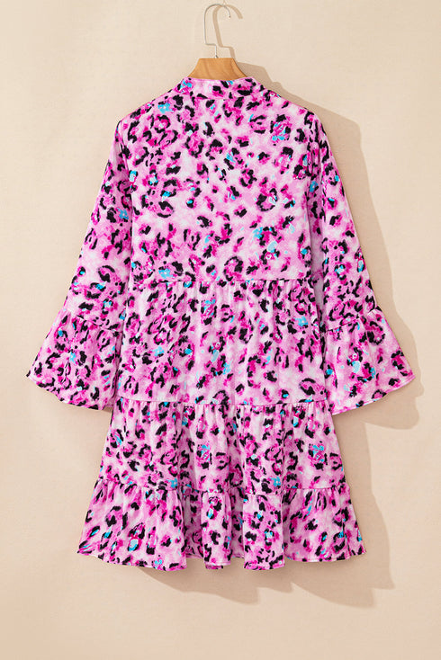 Leopard Print Buttoned Front 3/4 Sleeve Tiered Ruffled Hem Dress