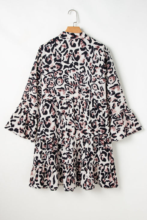 Leopard Print Buttoned Front 3/4 Sleeve Tiered Ruffled Hem Dress