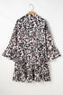 Leopard Print Buttoned Front 3/4 Sleeve Tiered Ruffled Hem Dress