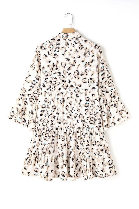 Leopard Print Buttoned Front 3/4 Sleeve Tiered Ruffled Hem Dress