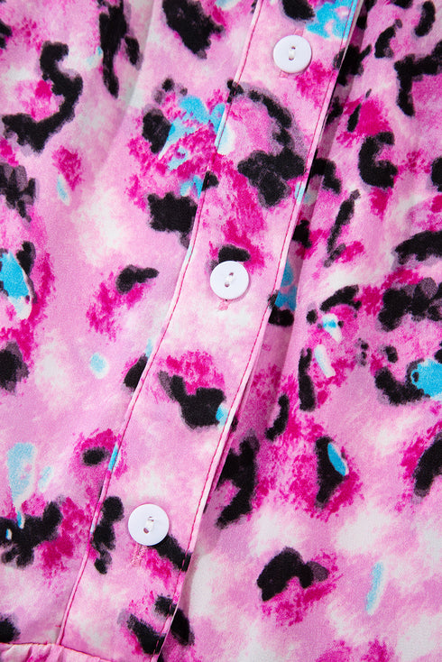 Leopard Print Buttoned Front 3/4 Sleeve Tiered Ruffled Hem Dress