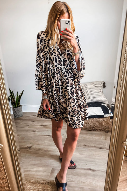 Leopard Print Buttoned Front 3/4 Sleeve Tiered Ruffled Hem Dress