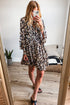 Leopard Print Buttoned Front 3/4 Sleeve Tiered Ruffled Hem Dress