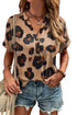 Leopard Print Buttoned V Neck Folded Sleeve Shirt