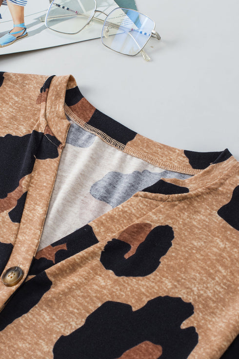 Leopard Print Buttoned V Neck Folded Sleeve Shirt