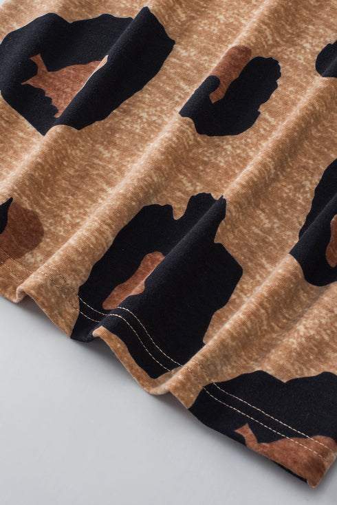 Leopard Print Buttoned V Neck Folded Sleeve Shirt