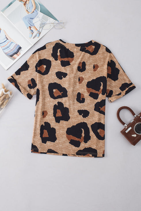 Leopard Print Buttoned V Neck Folded Sleeve Shirt
