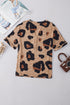 Leopard Print Buttoned V Neck Folded Sleeve Shirt