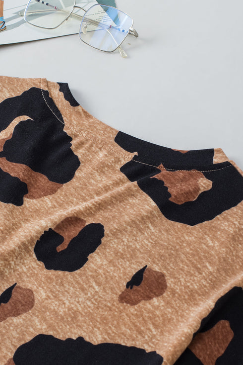 Leopard Print Buttoned V Neck Folded Sleeve Shirt