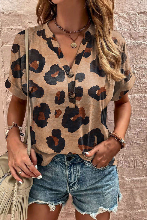 Leopard Print Buttoned V Neck Folded Sleeve Shirt