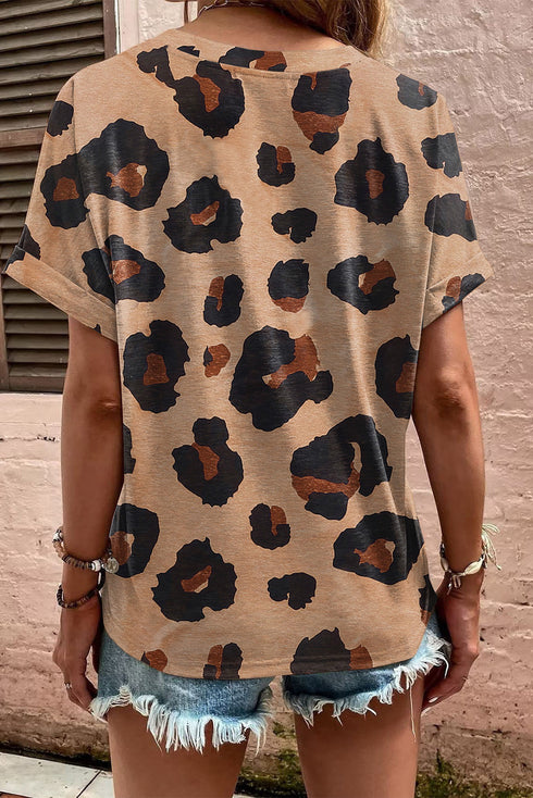 Leopard Print Buttoned V Neck Folded Sleeve Shirt