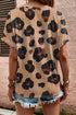 Leopard Print Buttoned V Neck Folded Sleeve Shirt