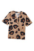 Leopard Print Buttoned V Neck Folded Sleeve Shirt