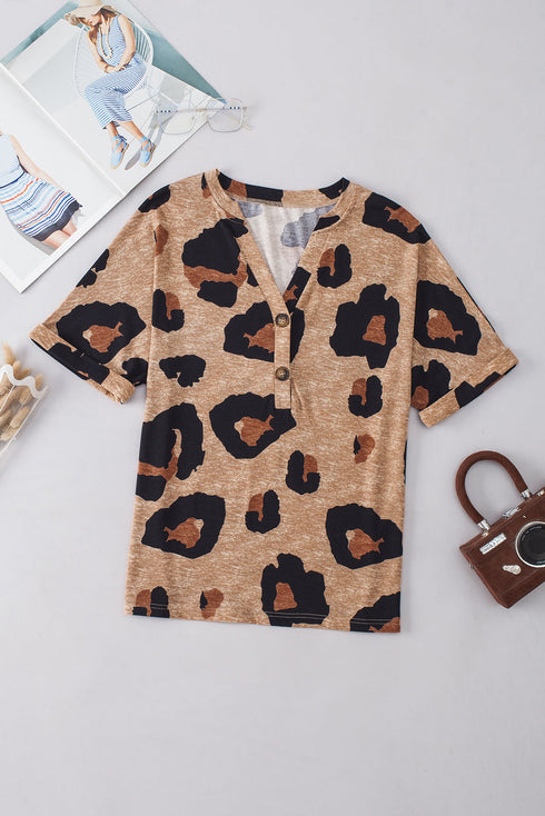 Leopard Print Buttoned V Neck Folded Sleeve Shirt