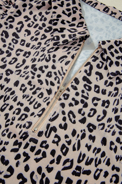 Leopard Print Collared Half Zip Ruffle Sleeve Short Set