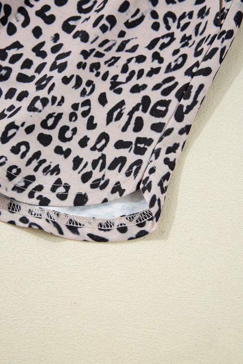 Leopard Print Collared Half Zip Ruffle Sleeve Short Set