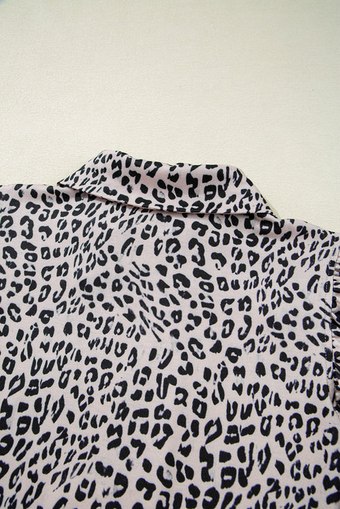 Leopard Print Collared Half Zip Ruffle Sleeve Short Set