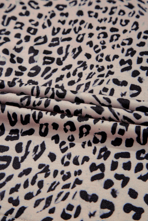 Leopard Print Collared Half Zip Ruffle Sleeve Short Set