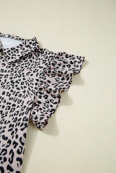 Leopard Print Collared Half Zip Ruffle Sleeve Short Set