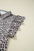 Leopard Print Collared Half Zip Ruffle Sleeve Short Set