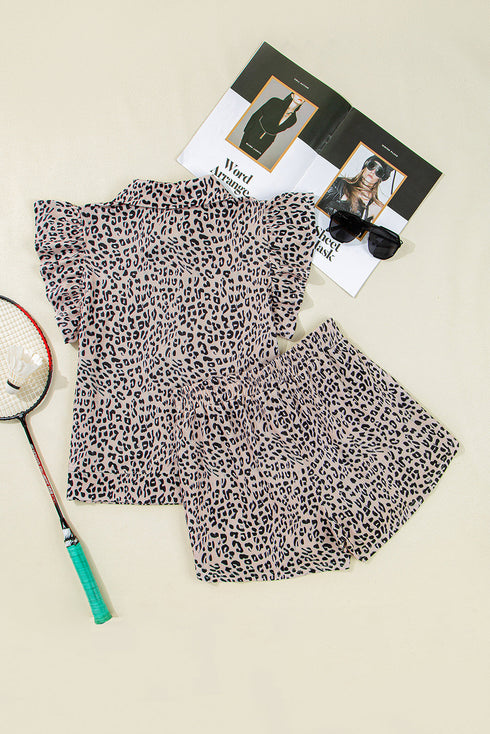 Leopard Print Collared Half Zip Ruffle Sleeve Short Set