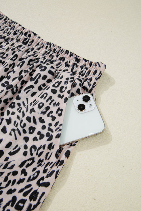 Leopard Print Collared Half Zip Ruffle Sleeve Short Set