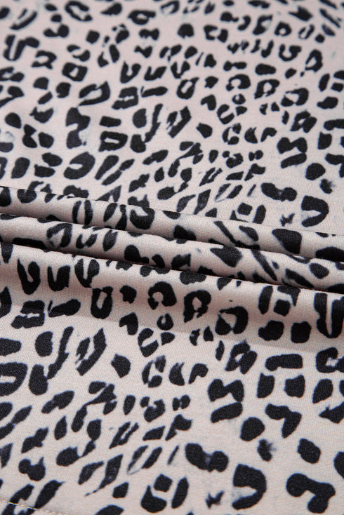 Leopard Print Collared Half Zip Ruffle Sleeve Short Set