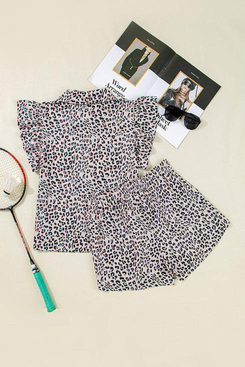 Leopard Print Collared Half Zip Ruffle Sleeve Short Set