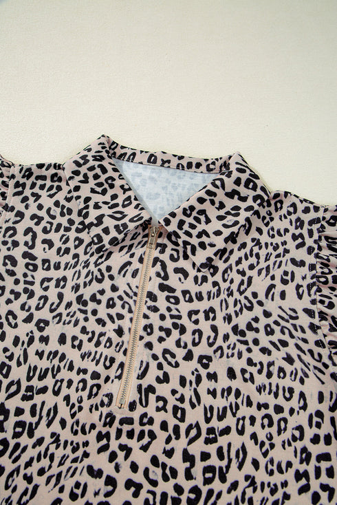 Leopard Print Collared Half Zip Ruffle Sleeve Short Set