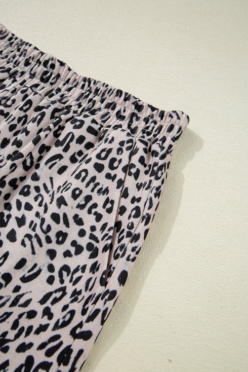 Leopard Print Collared Half Zip Ruffle Sleeve Short Set