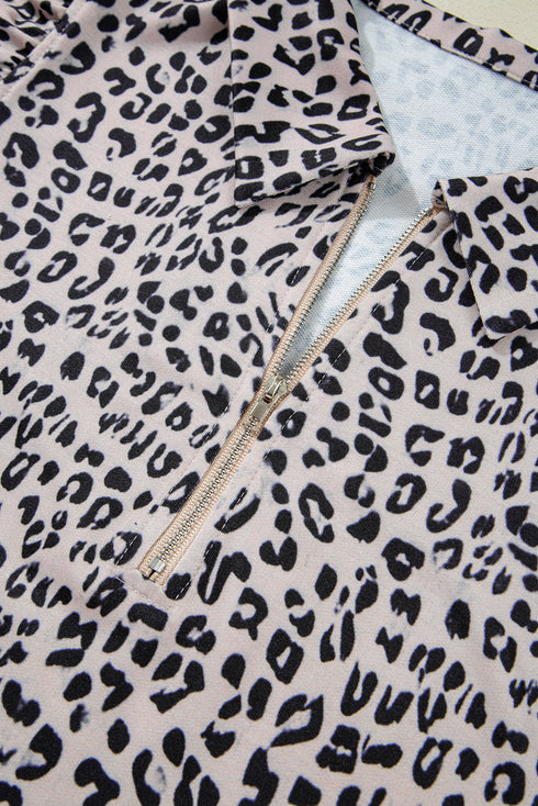 Leopard Print Collared Half Zip Ruffle Sleeve Short Set