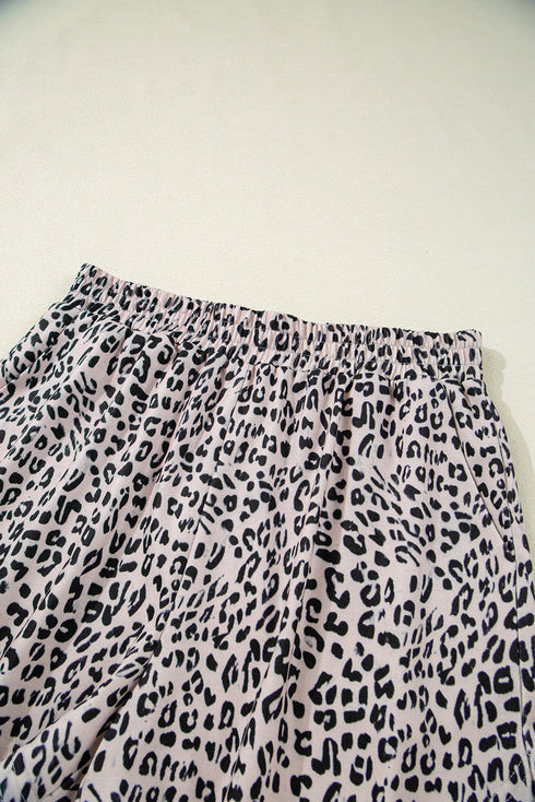 Leopard Print Collared Half Zip Ruffle Sleeve Short Set