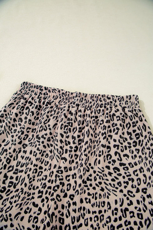 Leopard Print Collared Half Zip Ruffle Sleeve Short Set